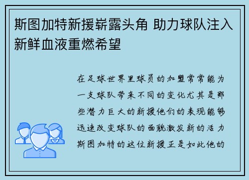 斯图加特新援崭露头角 助力球队注入新鲜血液重燃希望