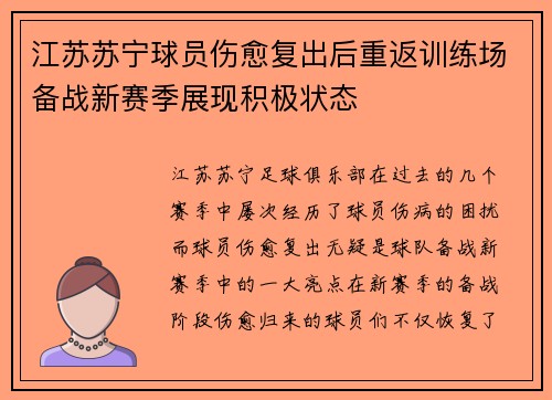 江苏苏宁球员伤愈复出后重返训练场备战新赛季展现积极状态