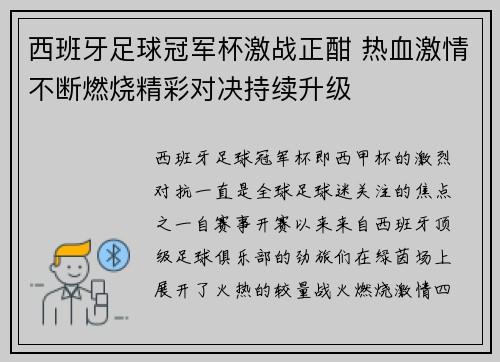 西班牙足球冠军杯激战正酣 热血激情不断燃烧精彩对决持续升级